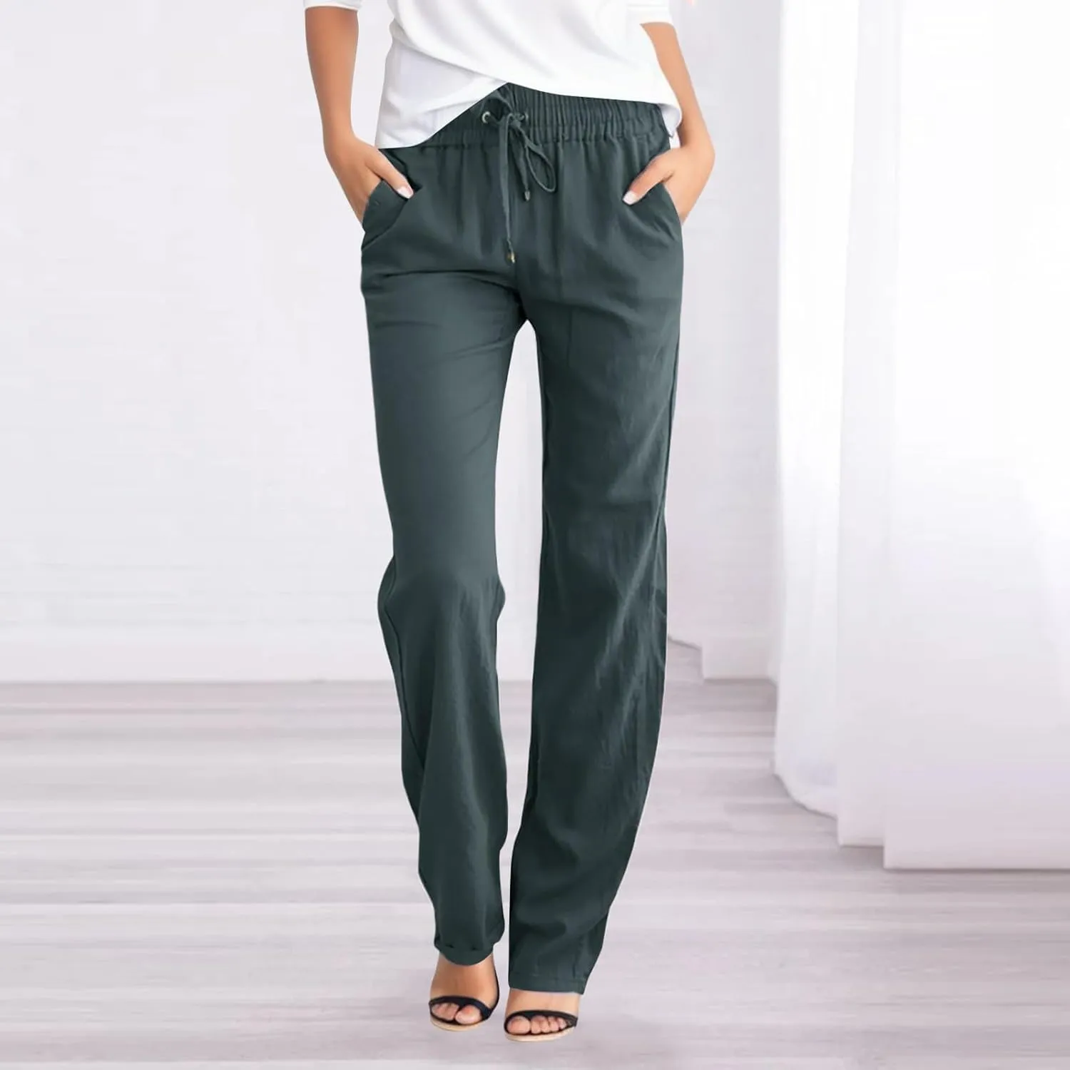 Women Cotton Linen Pants Summer Casual Loose High Waist Straight Leg Lightweight Drawstring Comfy Beach Lounge Pants