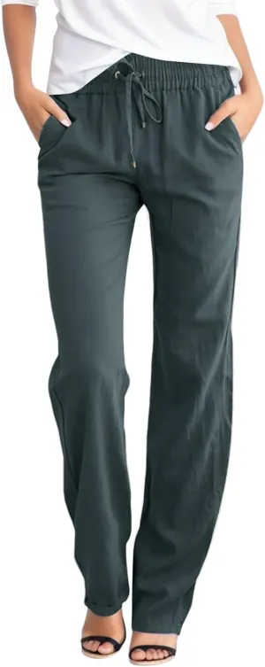 Women Cotton Linen Pants Summer Casual Loose High Waist Straight Leg Lightweight Drawstring Comfy Beach Lounge Pants