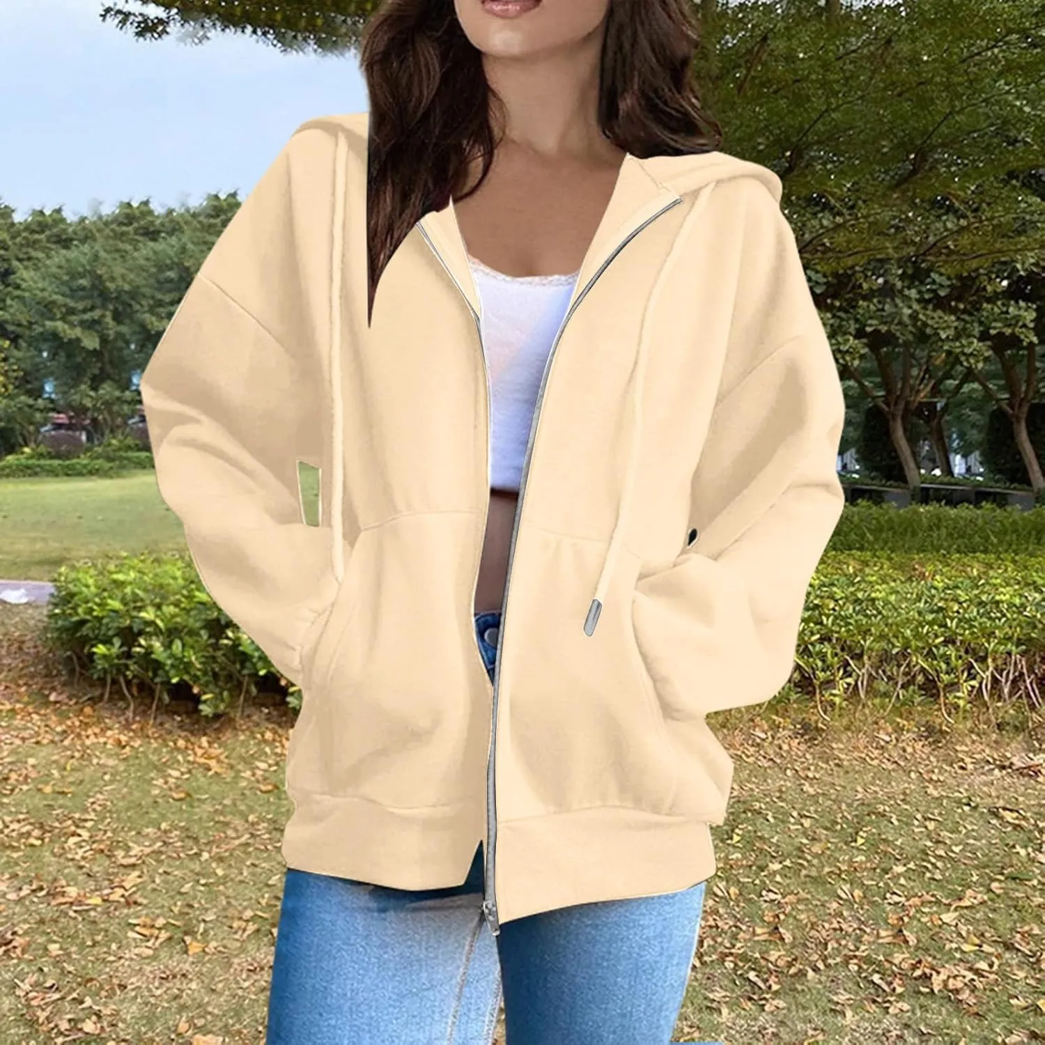Women Fleece Full Zip Up Hoodie Baggy Drawstring Zipper Sweatshirt Jacket Lightweight Comfy Fall Winter Outfits Coats