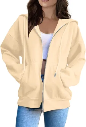 Women Fleece Full Zip Up Hoodie Baggy Drawstring Zipper Sweatshirt Jacket Lightweight Comfy Fall Winter Outfits Coats