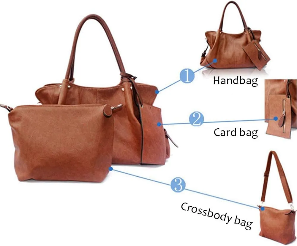 Women Handbag PU Leather Satchel Tote Pouch Handbag Purse Set
