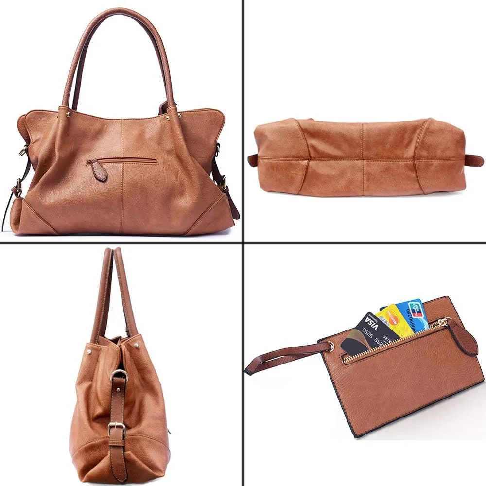 Women Handbag PU Leather Satchel Tote Pouch Handbag Purse Set