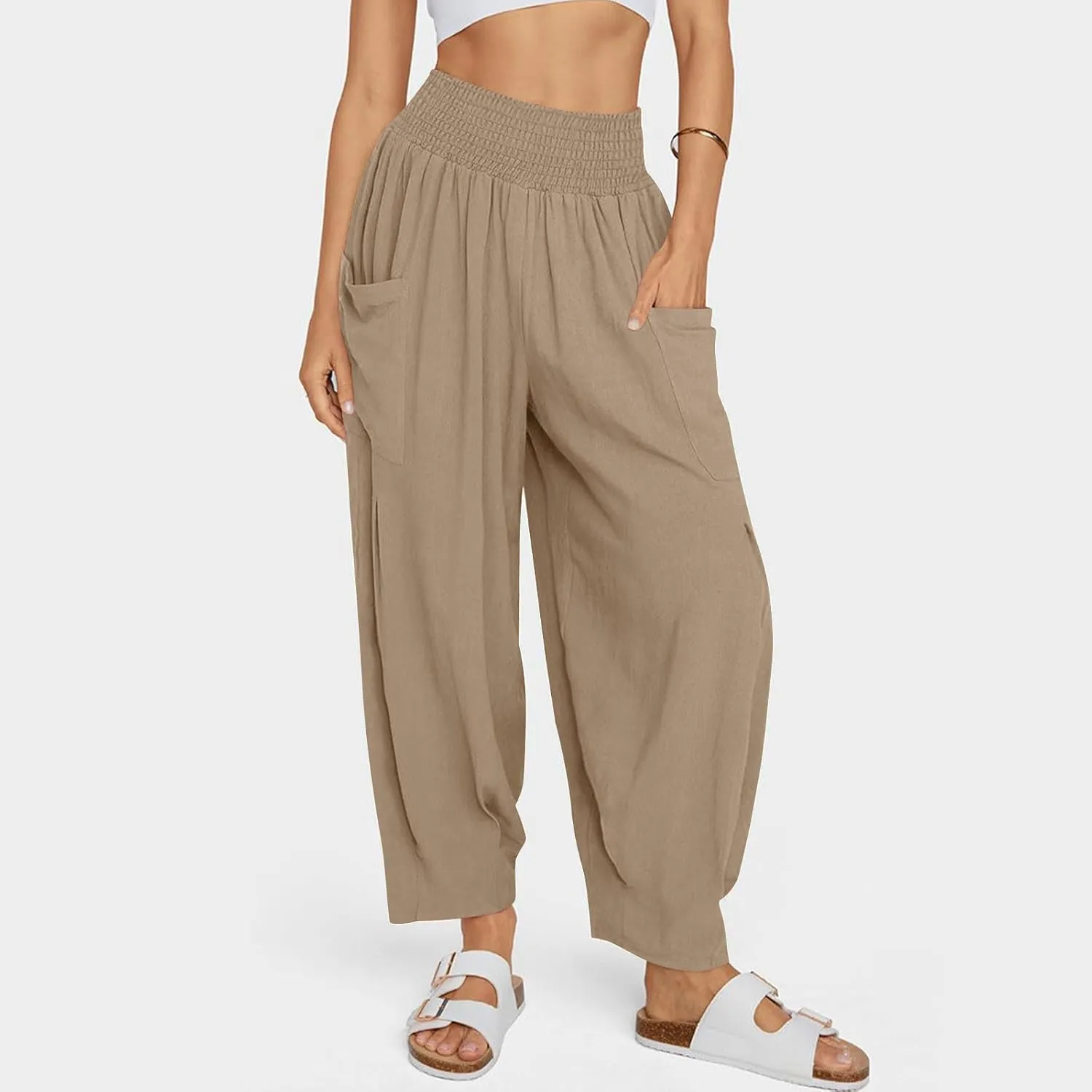 Women Linen Boho Pants Summer Casual Loose High Waist Cargo Lounge Harem Pant 2025 Beach Travel Vacation Slack Outfits