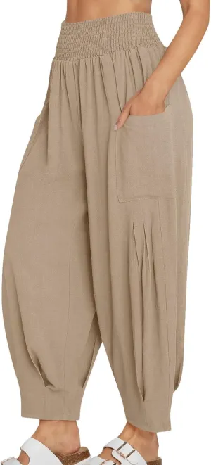Women Linen Boho Pants Summer Casual Loose High Waist Cargo Lounge Harem Pant 2025 Beach Travel Vacation Slack Outfits