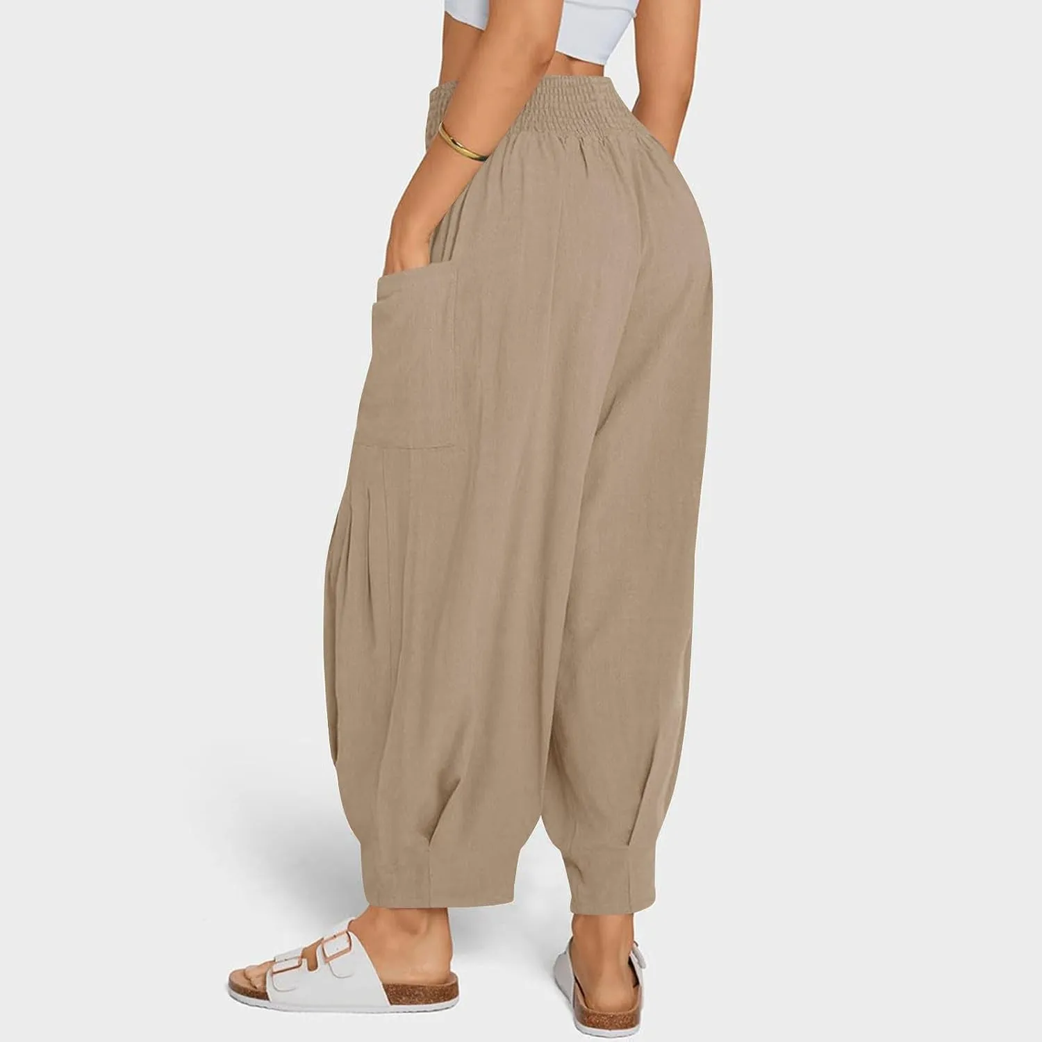 Women Linen Boho Pants Summer Casual Loose High Waist Cargo Lounge Harem Pant 2025 Beach Travel Vacation Slack Outfits