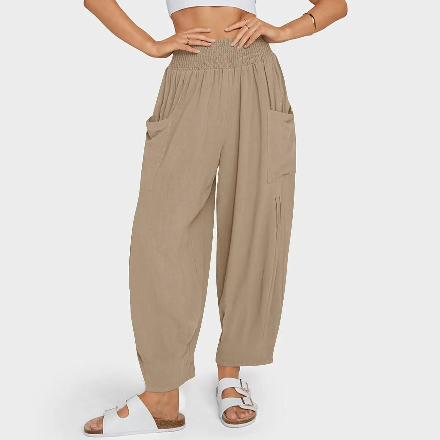 Women Linen Boho Pants Summer Casual Loose High Waist Cargo Lounge Harem Pant 2025 Beach Travel Vacation Slack Outfits