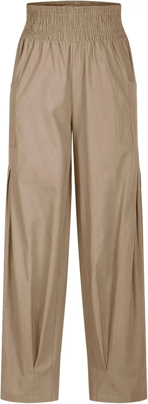 Women Linen Boho Pants Summer Casual Loose High Waist Cargo Lounge Harem Pant 2025 Beach Travel Vacation Slack Outfits