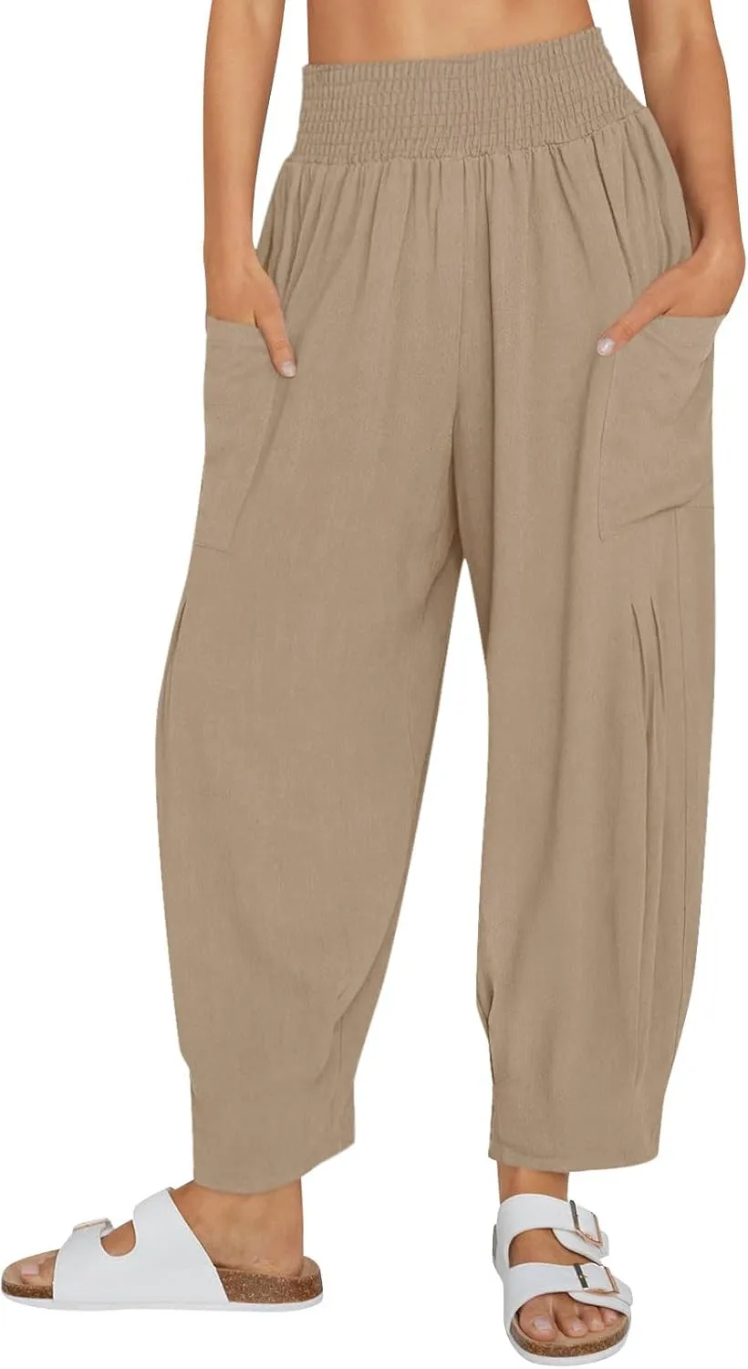 Women Linen Boho Pants Summer Casual Loose High Waist Cargo Lounge Harem Pant 2025 Beach Travel Vacation Slack Outfits