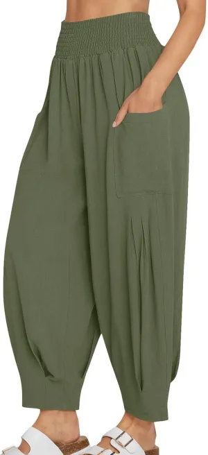 Women Linen Boho Pants Summer Casual Smocked High Waist Cargo Lounge Harem Pants 2025 Beach Vacation Pleated Trousers