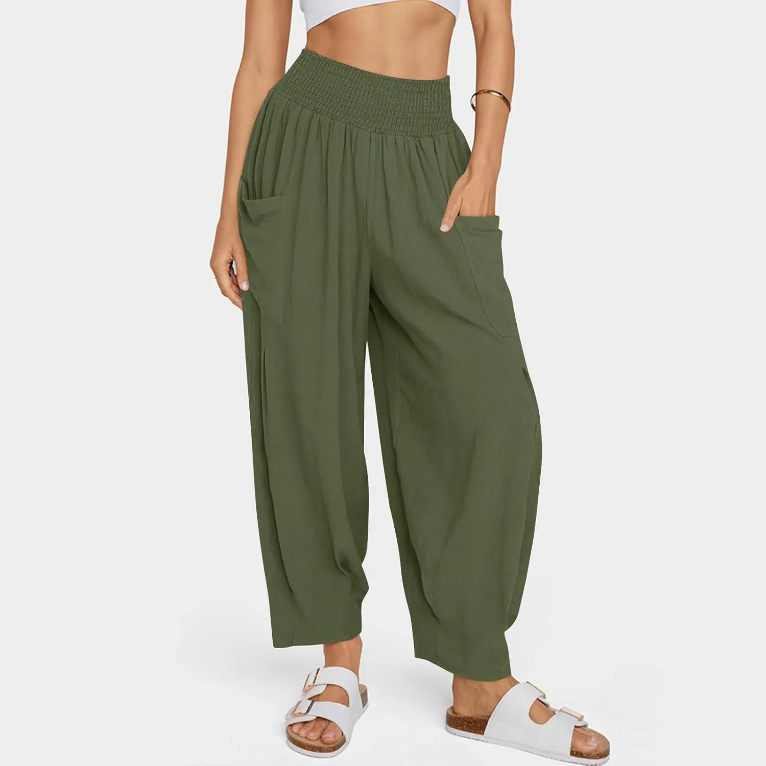 Women Linen Boho Pants Summer Casual Smocked High Waist Cargo Lounge Harem Pants 2025 Beach Vacation Pleated Trousers