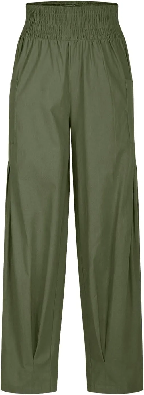 Women Linen Boho Pants Summer Casual Smocked High Waist Cargo Lounge Harem Pants 2025 Beach Vacation Pleated Trousers
