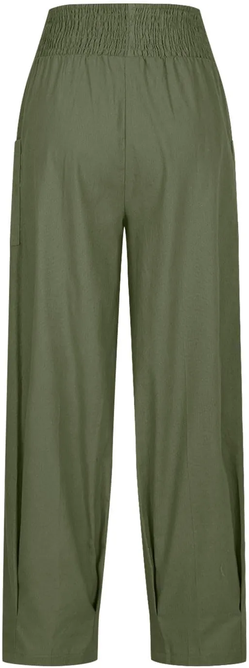 Women Linen Boho Pants Summer Casual Smocked High Waist Cargo Lounge Harem Pants 2025 Beach Vacation Pleated Trousers