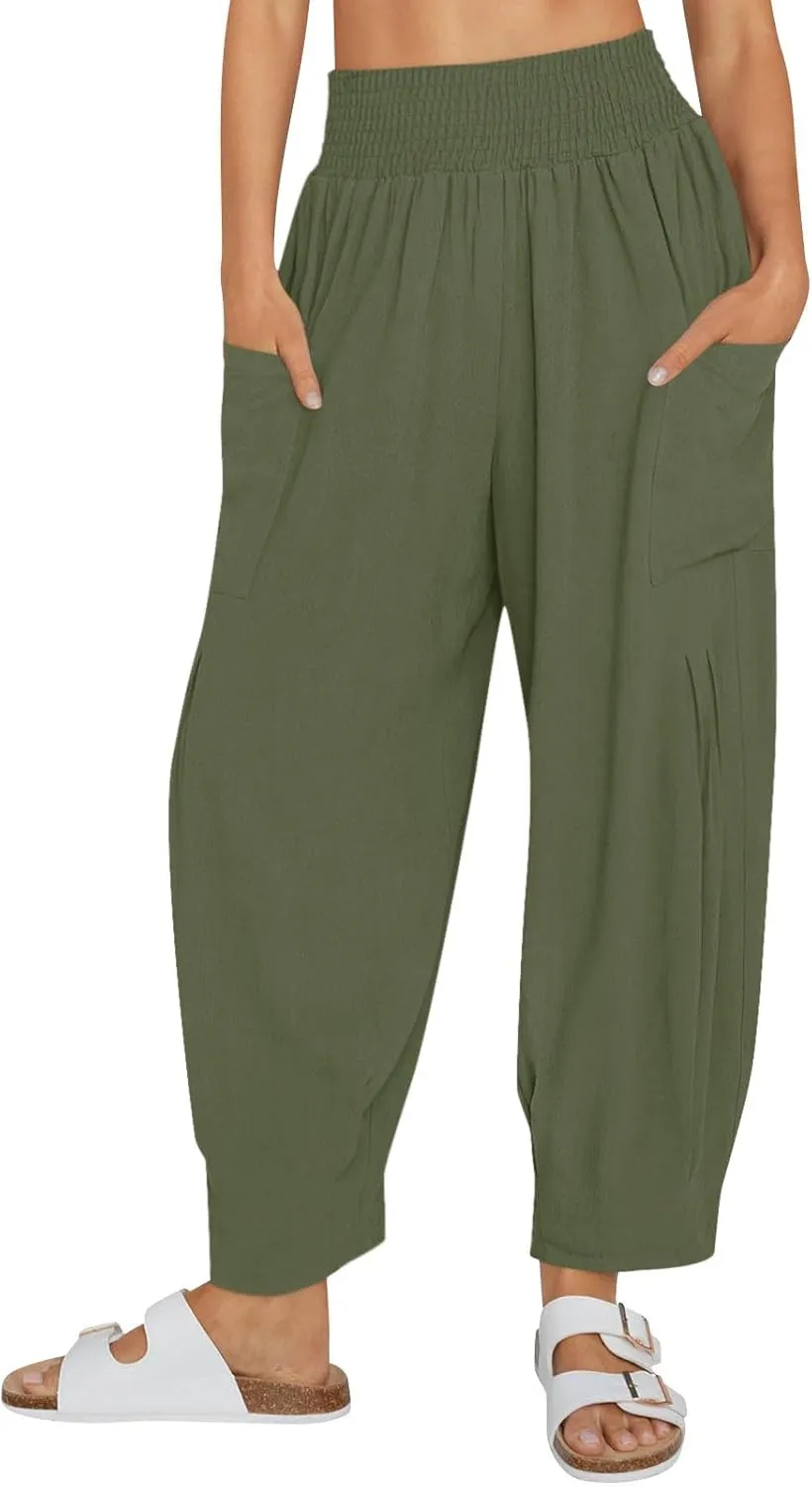 Women Linen Boho Pants Summer Casual Smocked High Waist Cargo Lounge Harem Pants 2025 Beach Vacation Pleated Trousers