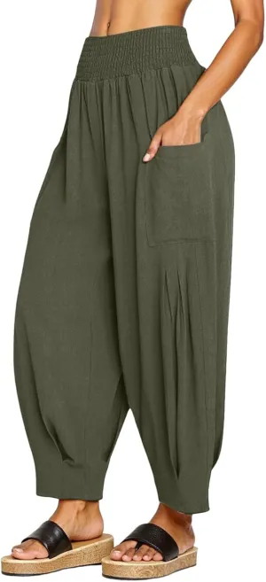 Women Linen Harem Pants Elastic High Waist Baggy Loose Boho Casual Summer Beach Vacation Comfy Trousers with Pockets