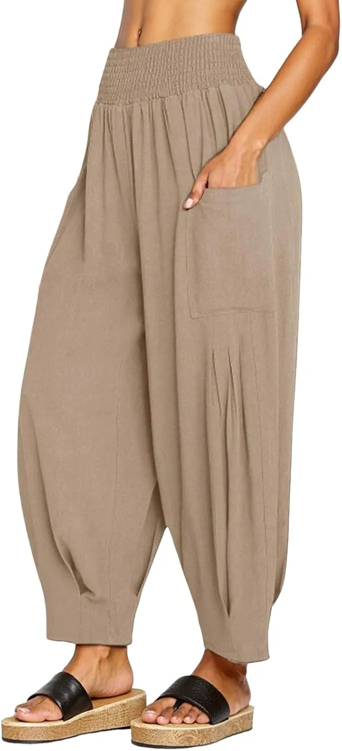 Women Linen Harem Pants Elastic High Waist Baggy Loose Boho Casual Summer Beach Vacation Comfy Trousers with Pockets