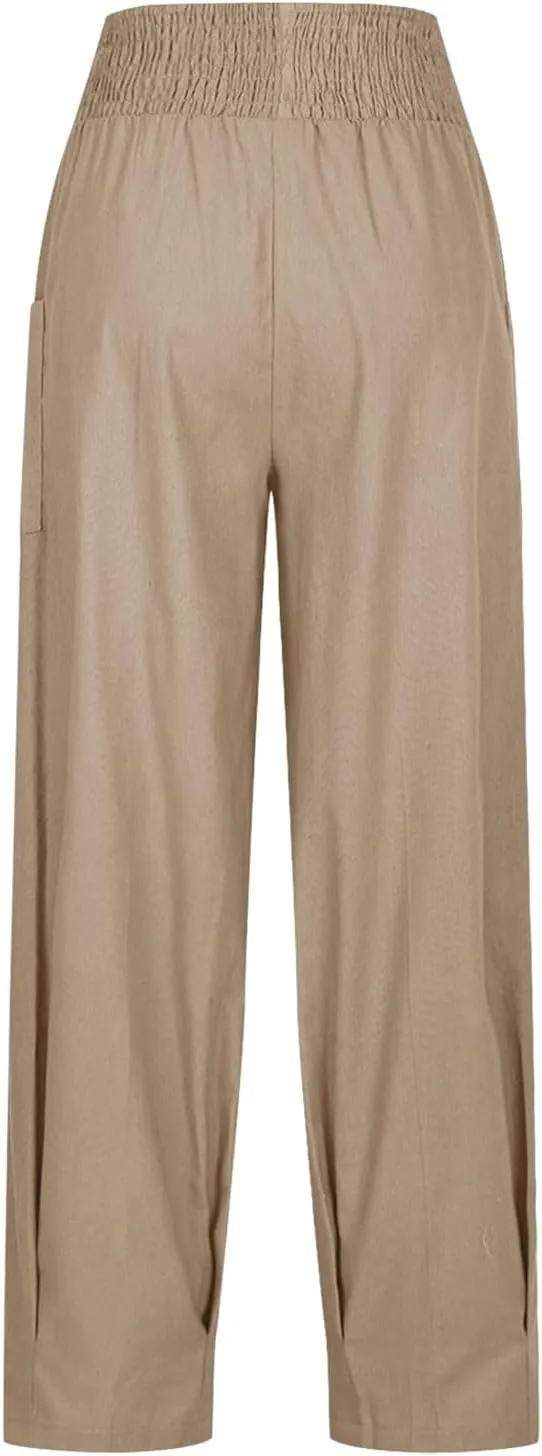 Women Linen Harem Pants Elastic High Waist Baggy Loose Boho Casual Summer Beach Vacation Comfy Trousers with Pockets