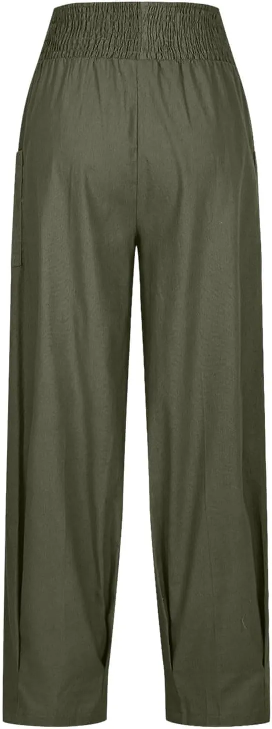Women Linen Harem Pants Elastic High Waist Baggy Loose Boho Casual Summer Beach Vacation Comfy Trousers with Pockets