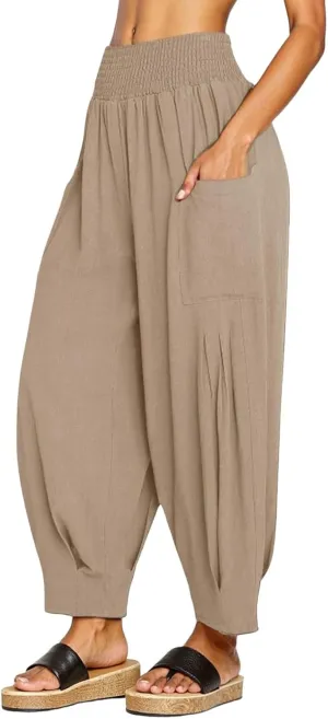 Women Linen Harem Pants Elastic High Waist Baggy Loose Boho Casual Summer Beach Vacation Comfy Trousers with Pockets