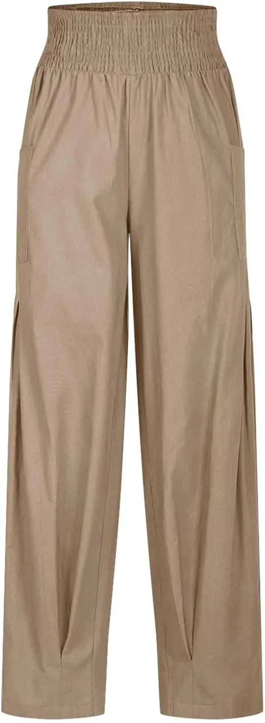 Women Linen Harem Pants Elastic High Waist Baggy Loose Boho Casual Summer Beach Vacation Comfy Trousers with Pockets