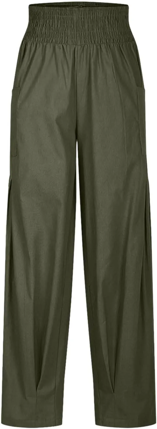 Women Linen Harem Pants Elastic High Waist Baggy Loose Boho Casual Summer Beach Vacation Comfy Trousers with Pockets