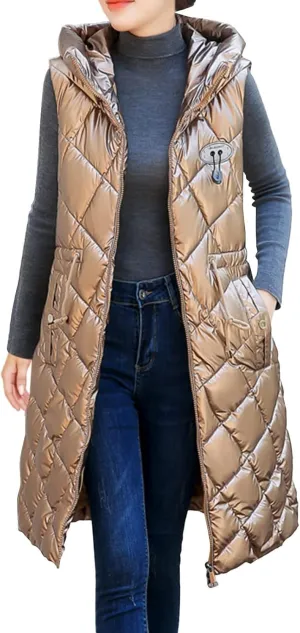 Women Long Puffer Vest Sleeveless Hooded Casual Jacket Drawstring Zip Up Quilted Puff Warm 2024 Winter Fashion Jacket