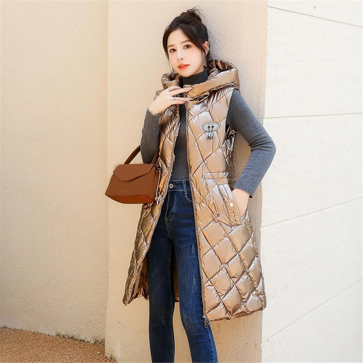 Women Long Puffer Vest Sleeveless Hooded Casual Jacket Drawstring Zip Up Quilted Puff Warm 2024 Winter Fashion Jacket