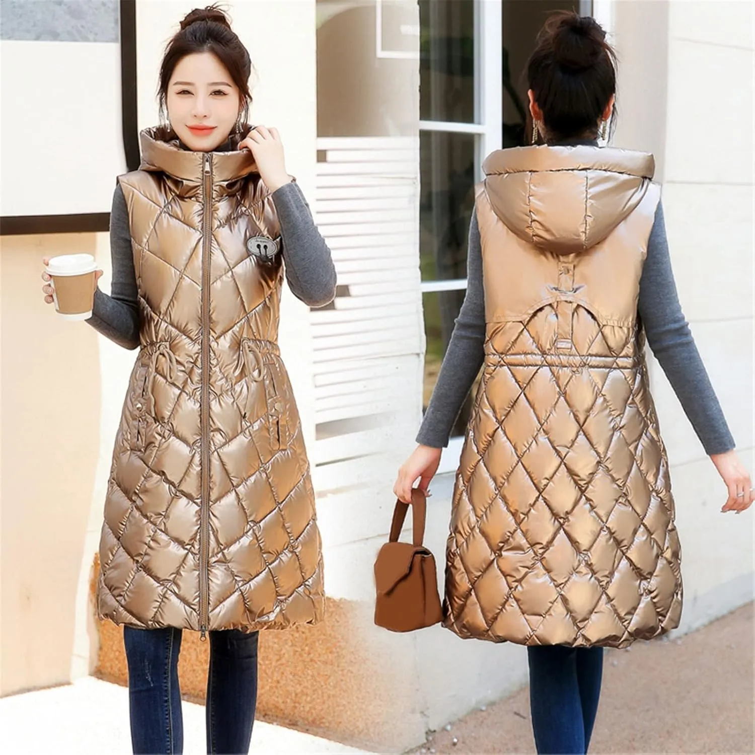 Women Long Puffer Vest Sleeveless Hooded Casual Jacket Drawstring Zip Up Quilted Puff Warm 2024 Winter Fashion Jacket
