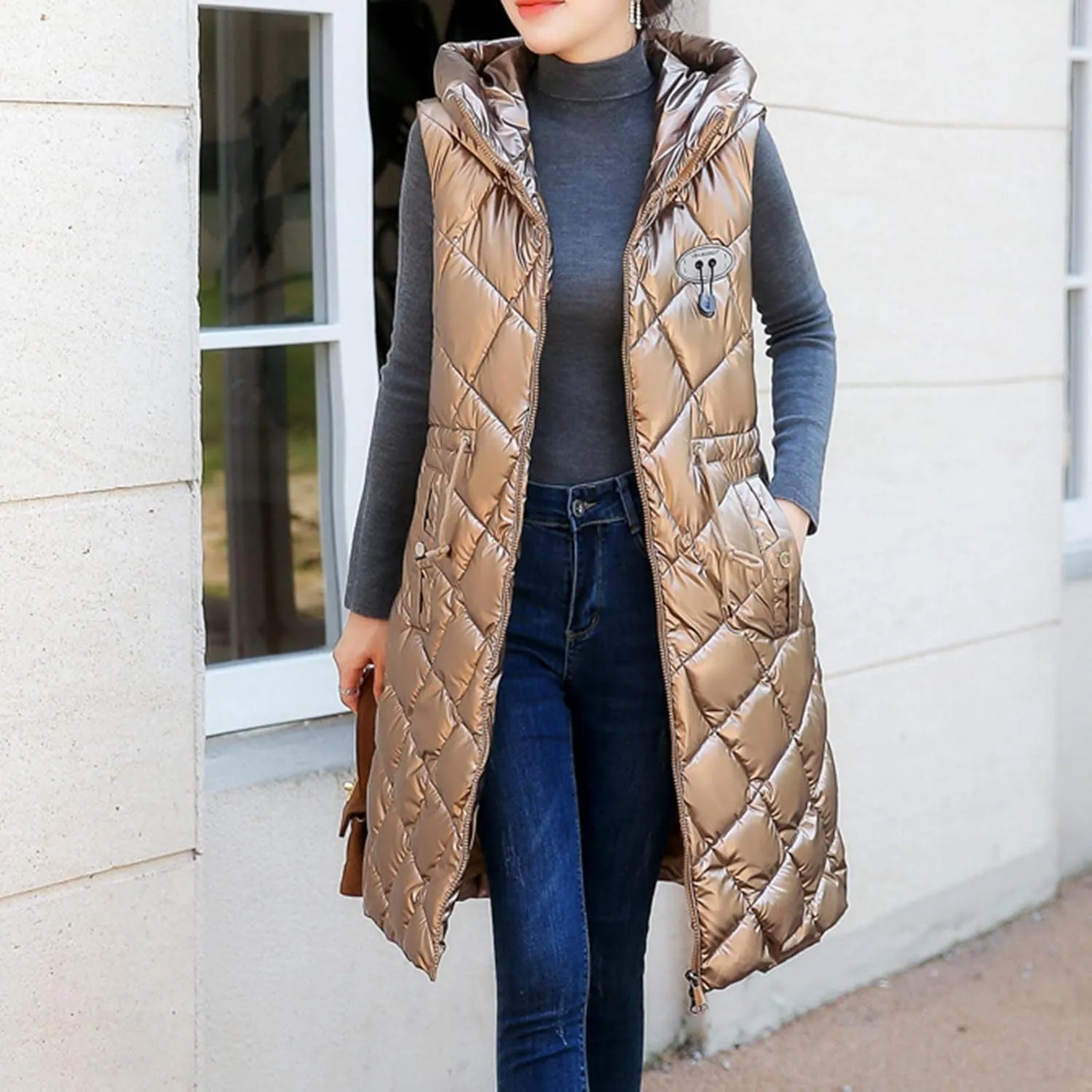 Women Long Puffer Vest Sleeveless Hooded Casual Jacket Drawstring Zip Up Quilted Puff Warm 2024 Winter Fashion Jacket