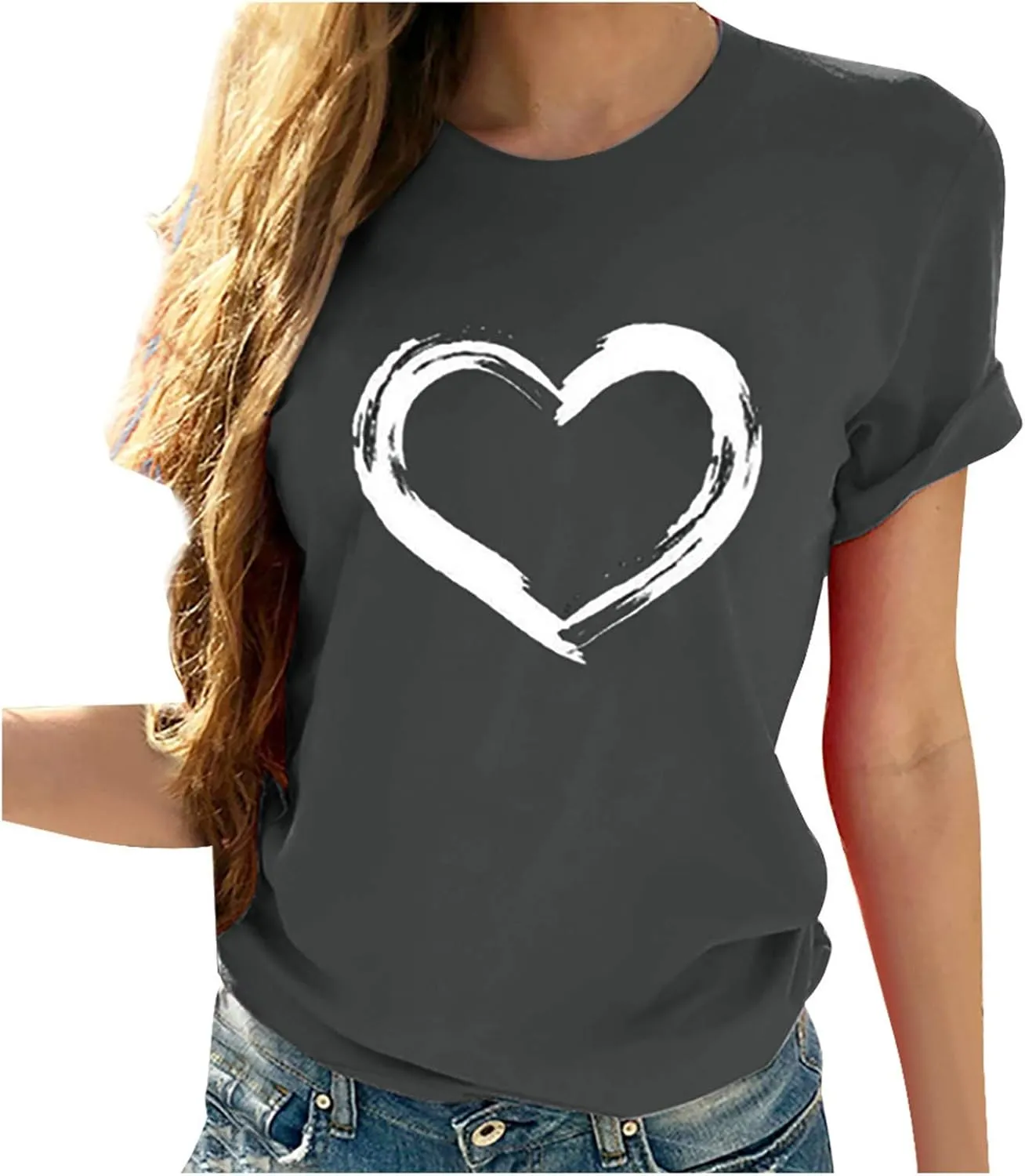 Women Love Heart Graphic Tees Shirt Short Sleeve Tops Tshirts Regular Fit Tunic Blouse Cute Funny Gift Clothes 2023
