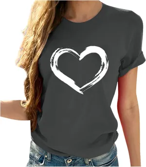 Women Love Heart Graphic Tees Shirt Short Sleeve Tops Tshirts Regular Fit Tunic Blouse Cute Funny Gift Clothes 2023