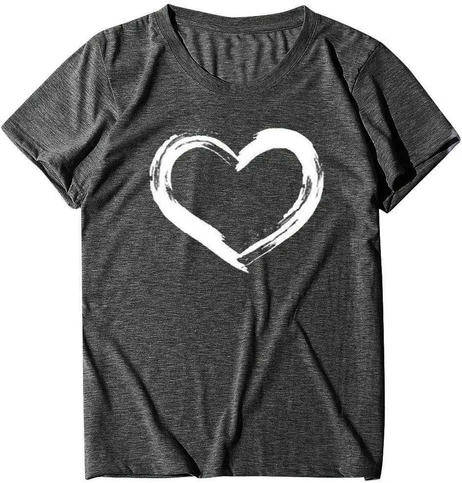 Women Love Heart Graphic Tees Shirt Short Sleeve Tops Tshirts Regular Fit Tunic Blouse Cute Funny Gift Clothes 2023