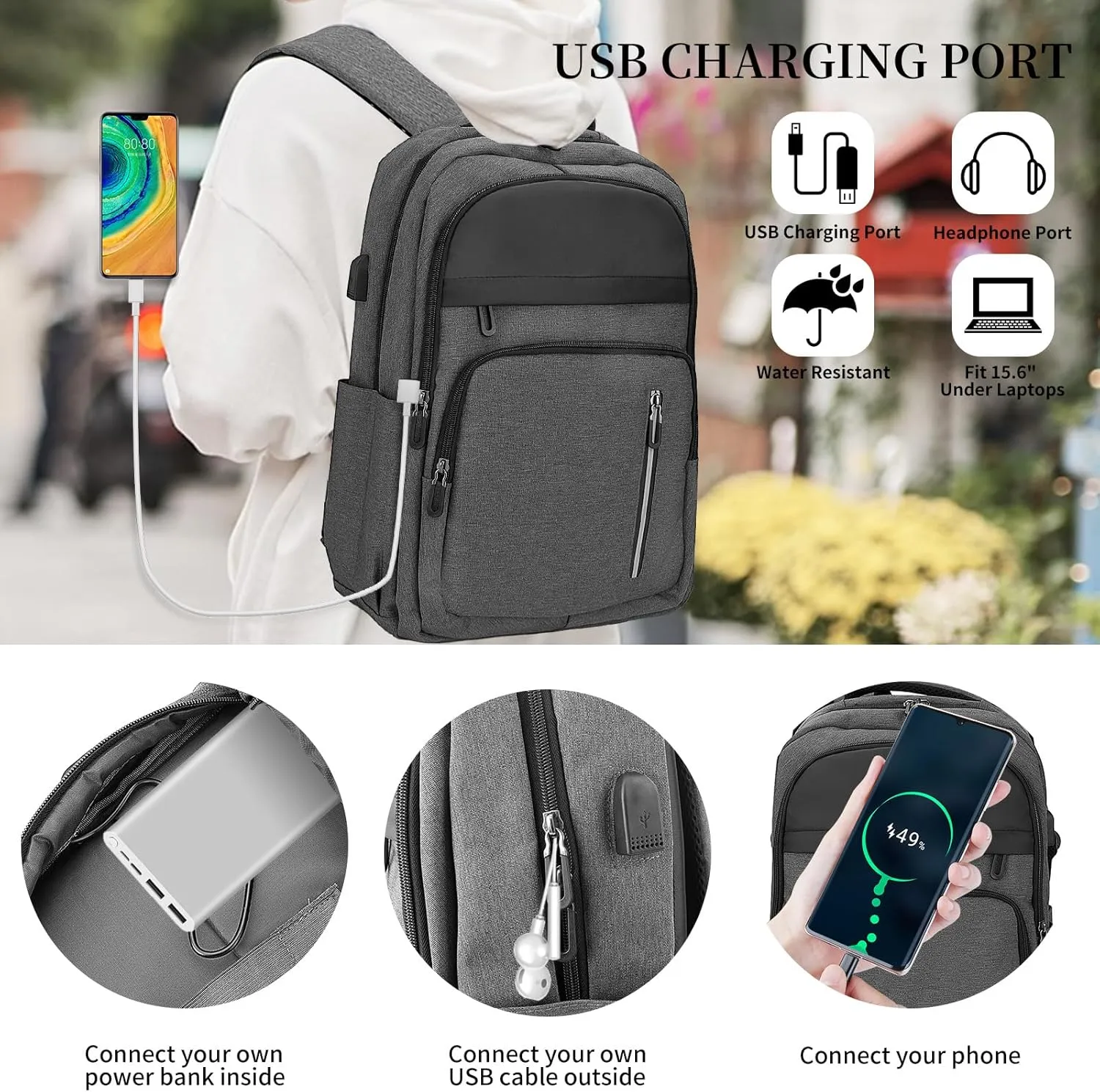 Women Men Laptop Backpack Business Travel Lightweight Waterproof Anti Theft College Computer Bag with USB Charging Port Work Daily Bag,Grey