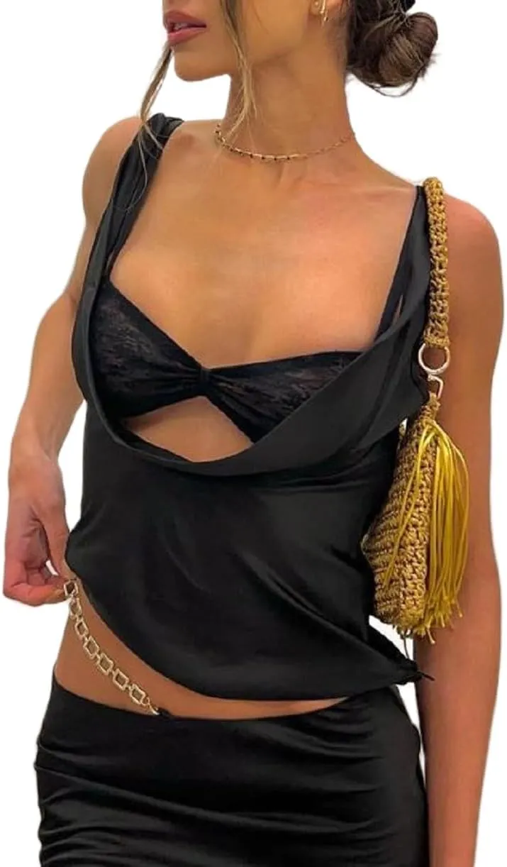 Women Sexy Satin Cutout Tank Tops Sleeveless Cowl Neck Backless Crop Top with Lace Bra