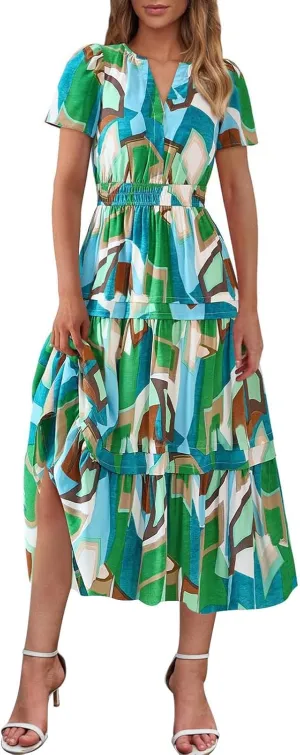 Women Short Sleeve Vintage Beach Dresses Boho Floral Print Sundress Fashion Flowy Casual Loose Clothes