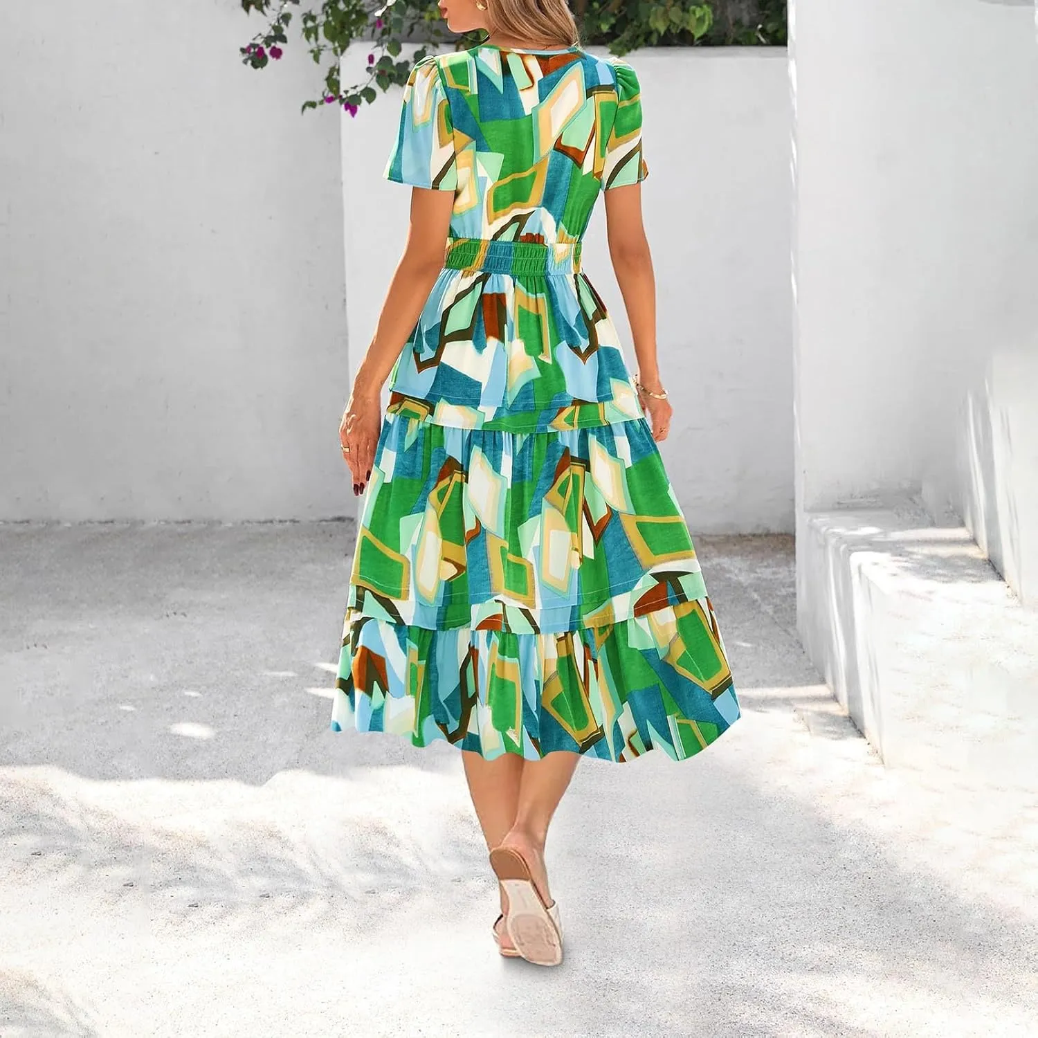 Women Short Sleeve Vintage Beach Dresses Boho Floral Print Sundress Fashion Flowy Casual Loose Clothes