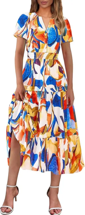 Women Short Sleeve Vintage Beach Dresses Boho Floral Print Sundress Fashion Flowy Casual Loose Clothes