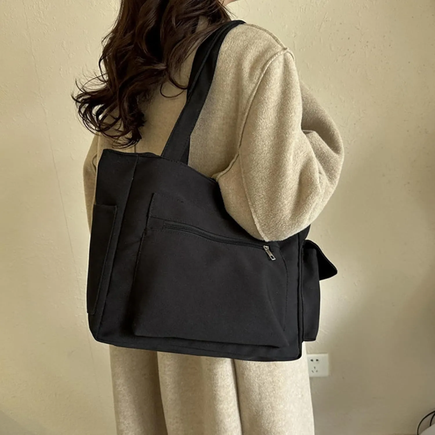 Women Shoulder Bags Fashion New Pattern Simple Solid Color Large Capacity Casual Practical Zipper Bag (Black, One Size)