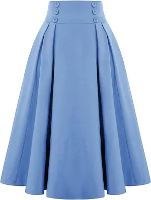Women Vintage Skirt High Waist Pleated Button Skirts Midi A-Line Short Dress Fashion Casual Solid Swing Dresses