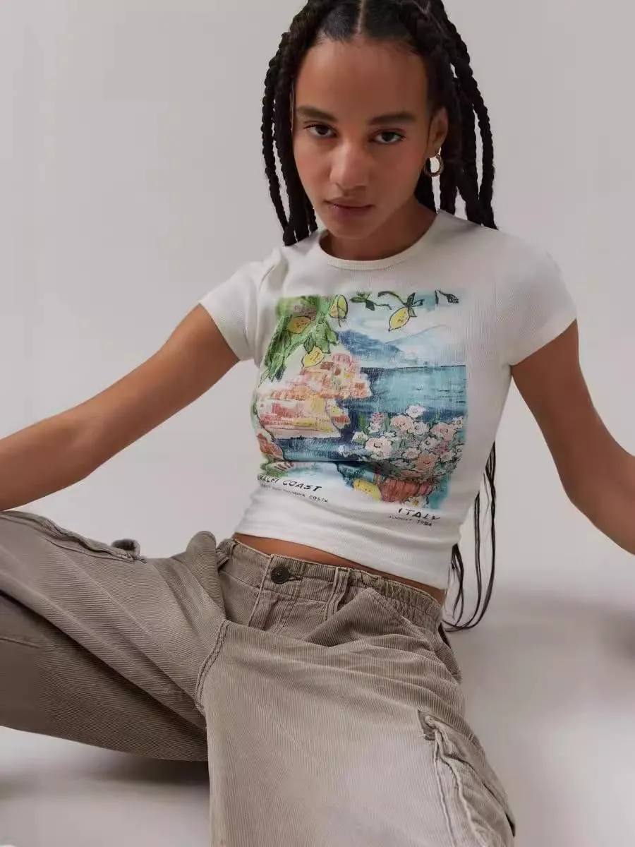 Women Y2K Baby Tees Vintage Graphic Print Crop Tops Aesthetic E-Girls Cute Shirt for Woman