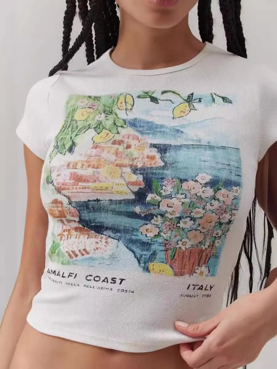 Women Y2K Baby Tees Vintage Graphic Print Crop Tops Aesthetic E-Girls Cute Shirt for Woman
