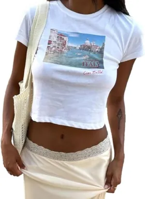 Women Y2K Baby Tees Vintage Graphic Print Crop Tops Aesthetic E-Girls Cute Shirt for Woman