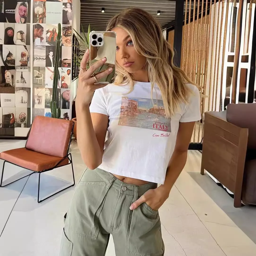 Women Y2K Baby Tees Vintage Graphic Print Crop Tops Aesthetic E-Girls Cute Shirt for Woman