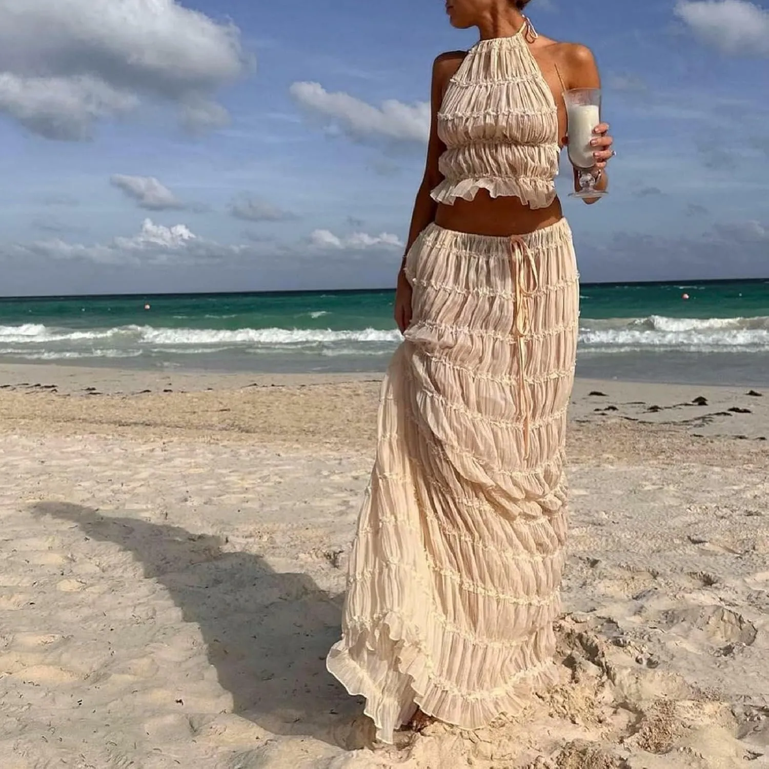 Women Y2K Maxi Skirt Set Sleeveless Halter Ruched Cami Top Flowy Long Skirt Mesh 2 Piece Outfts Beachwear