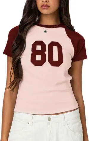 Women Y2K Short Sleeve Jersey Crop Tops Numer Print Crew Neck Baby Tee 90S Vintage Slim Fit Shirts Streetwear
