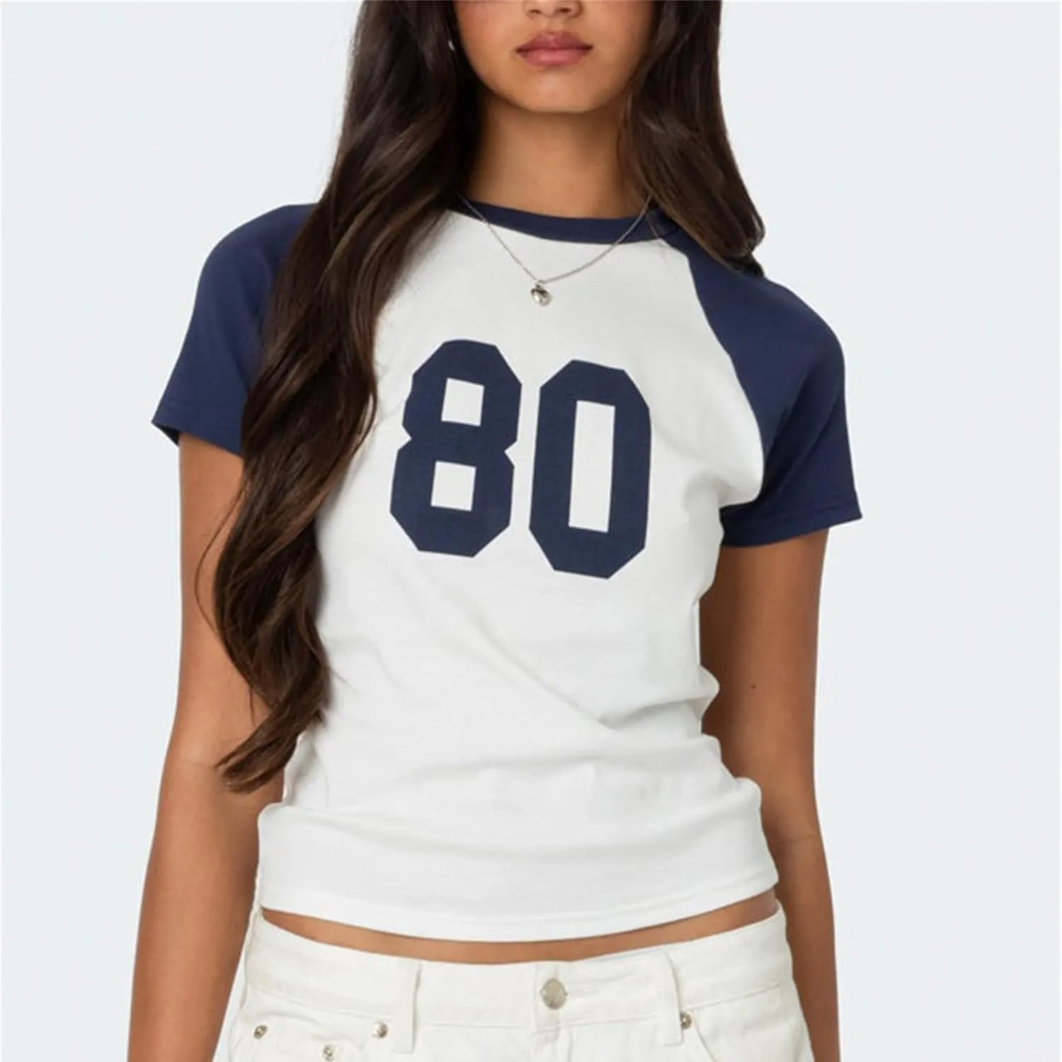 Women Y2K Short Sleeve Jersey Crop Tops Numer Print Crew Neck Baby Tee 90S Vintage Slim Fit Shirts Streetwear