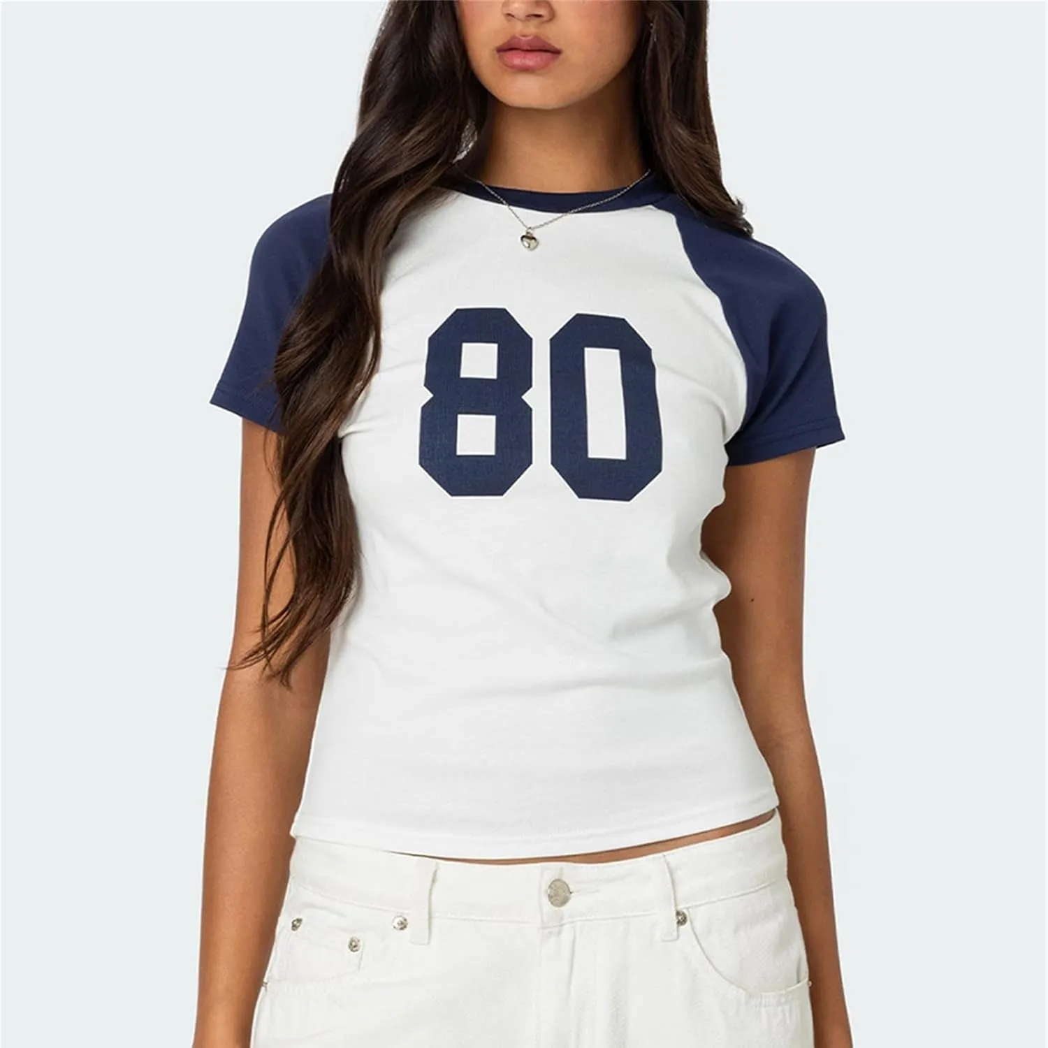 Women Y2K Short Sleeve Jersey Crop Tops Numer Print Crew Neck Baby Tee 90S Vintage Slim Fit Shirts Streetwear
