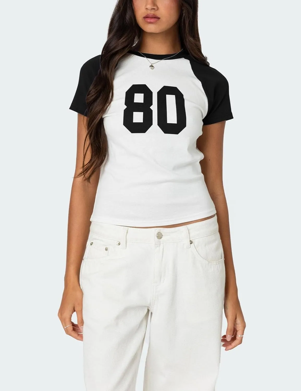 Women Y2K Short Sleeve Jersey Crop Tops Numer Print Crew Neck Baby Tee 90S Vintage Slim Fit Shirts Streetwear
