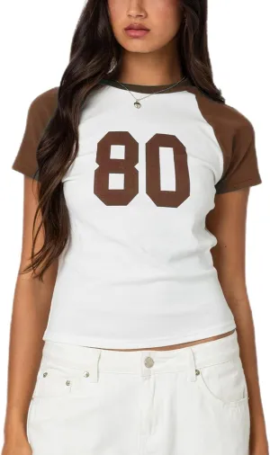 Women Y2K Short Sleeve Jersey Crop Tops Numer Print Crew Neck Baby Tee 90S Vintage Slim Fit Shirts Streetwear