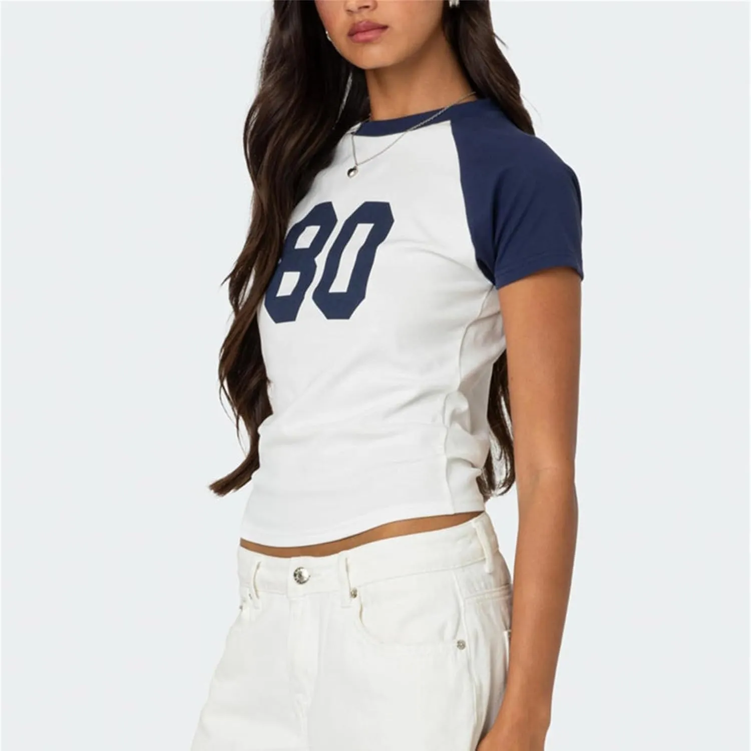 Women Y2K Short Sleeve Jersey Crop Tops Numer Print Crew Neck Baby Tee 90S Vintage Slim Fit Shirts Streetwear