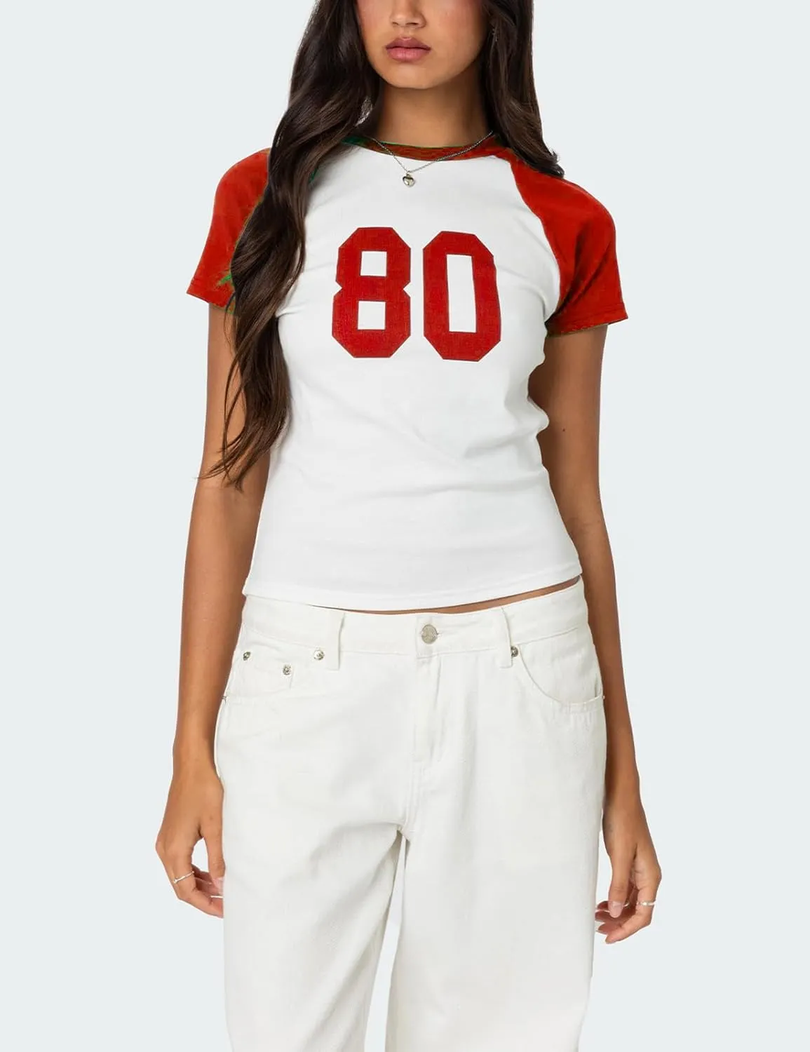 Women Y2K Short Sleeve Jersey Crop Tops Numer Print Crew Neck Baby Tee 90S Vintage Slim Fit Shirts Streetwear